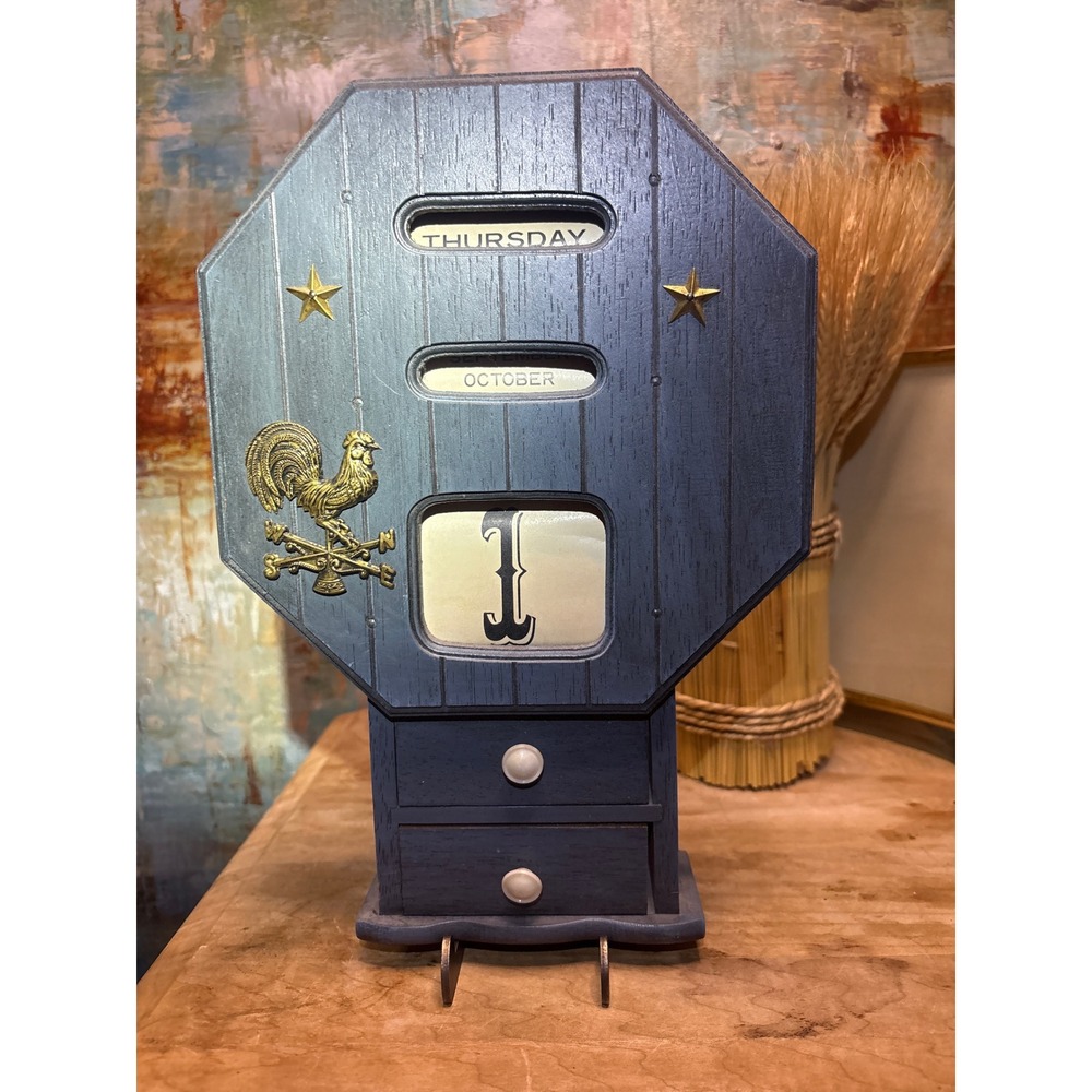 Vintage Rustic Blue Wood Perpetual Desktop Calendar with Rooster & Drawers